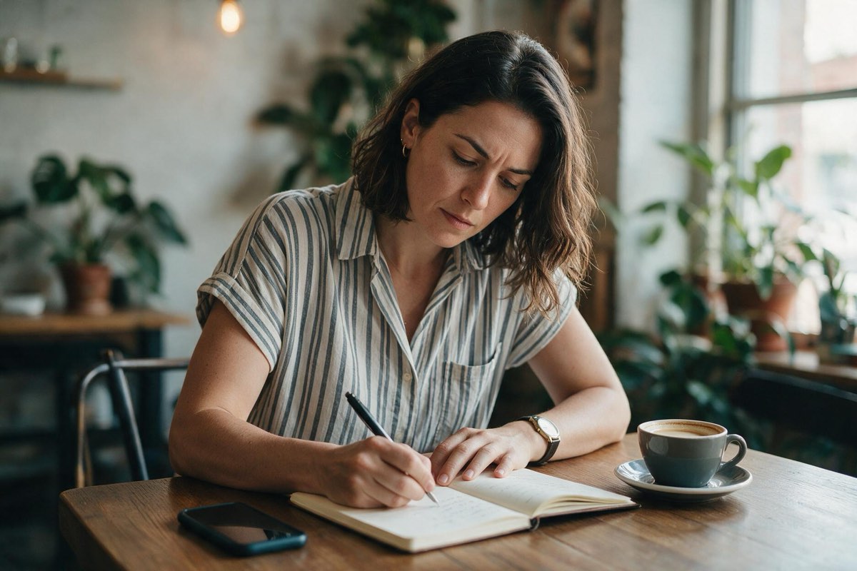 Small business owner writing notes beside a phone and coffee in warm window light
