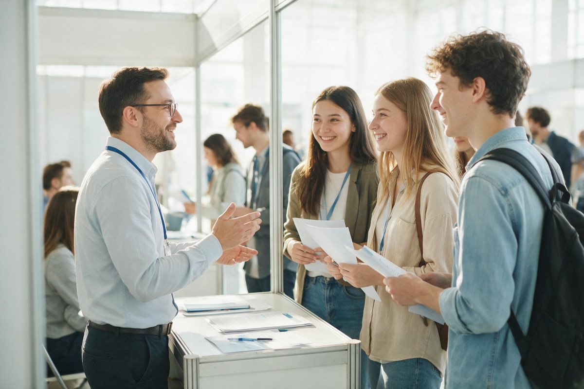 Employer talking with young candidates at a bright, friendly job fair stand