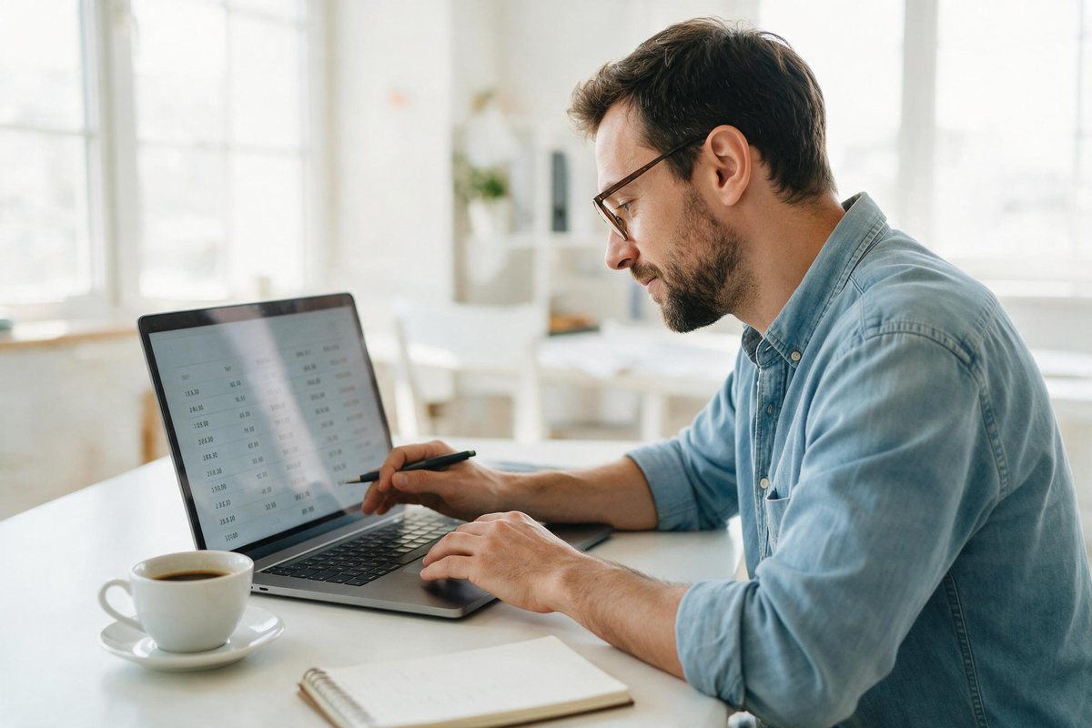 Employer reviewing payroll numbers on a laptop at a bright tidy desk with coffee