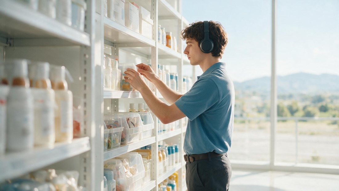 Focused employee with headphones sorting inventory precisely on bright shelves