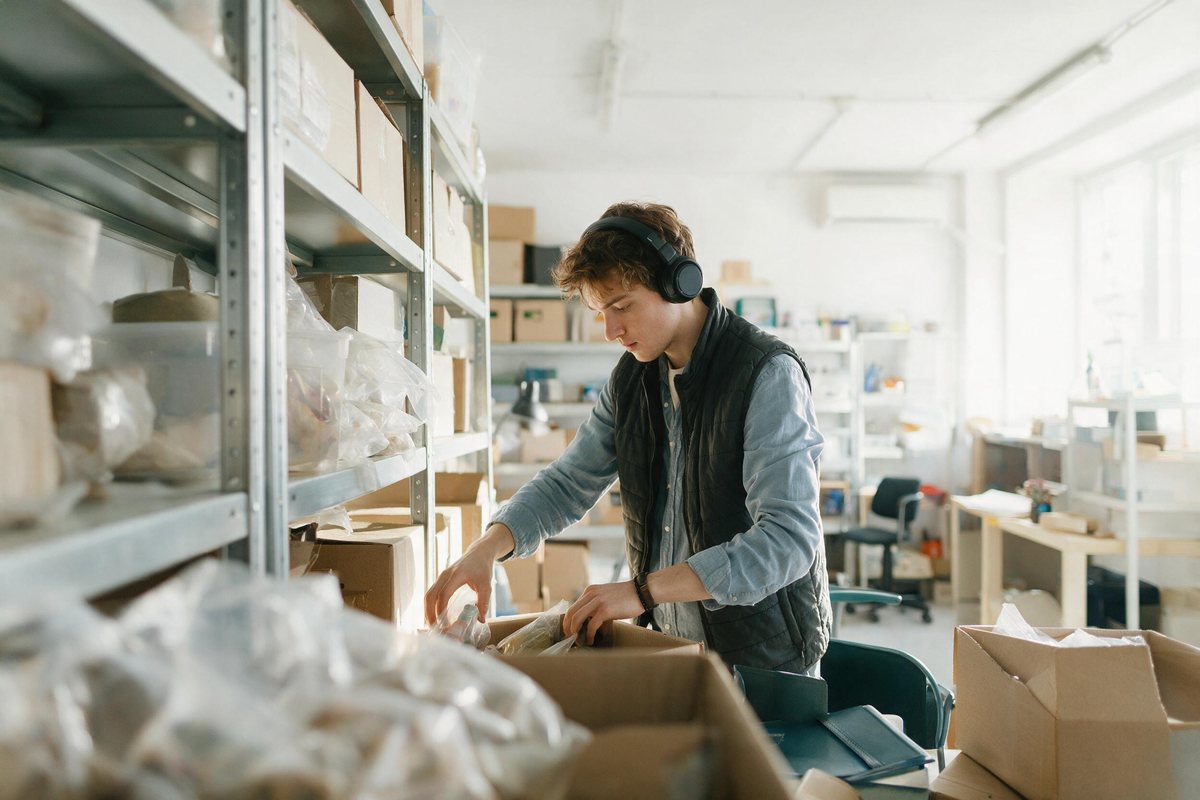 Focused young worker organising stock with headphones in a bright tidy storeroom