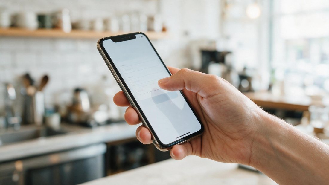 Thumb tapping a short application on a phone at a bright kitchen pass