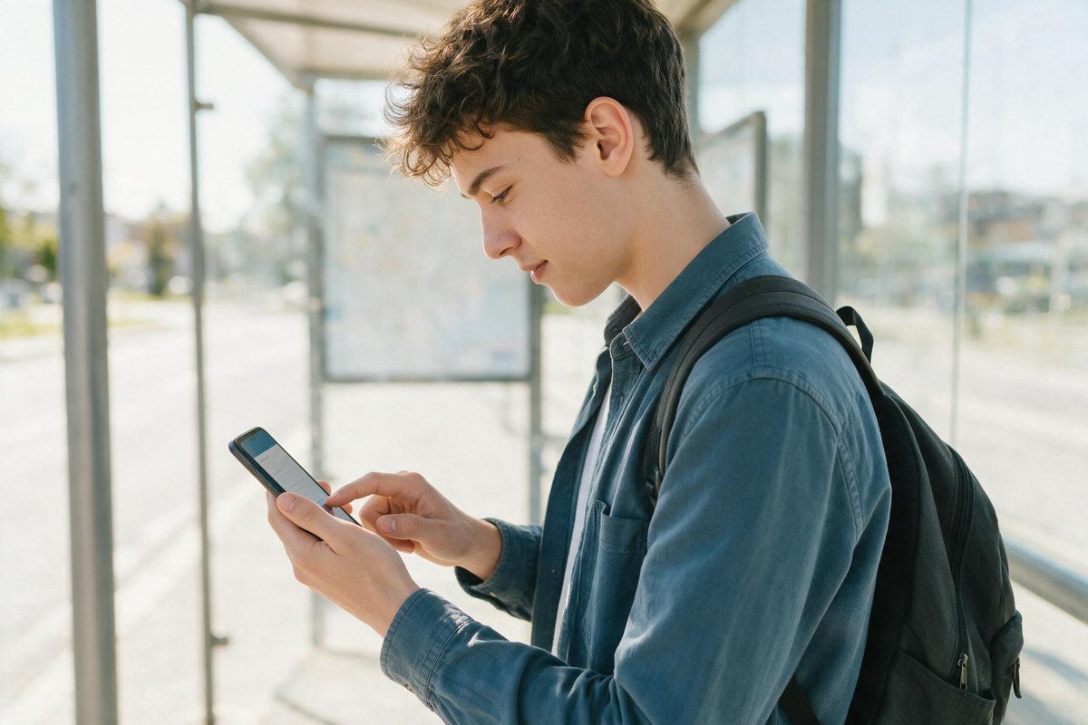 Young candidate completing a short application on a phone at a bright bus stop