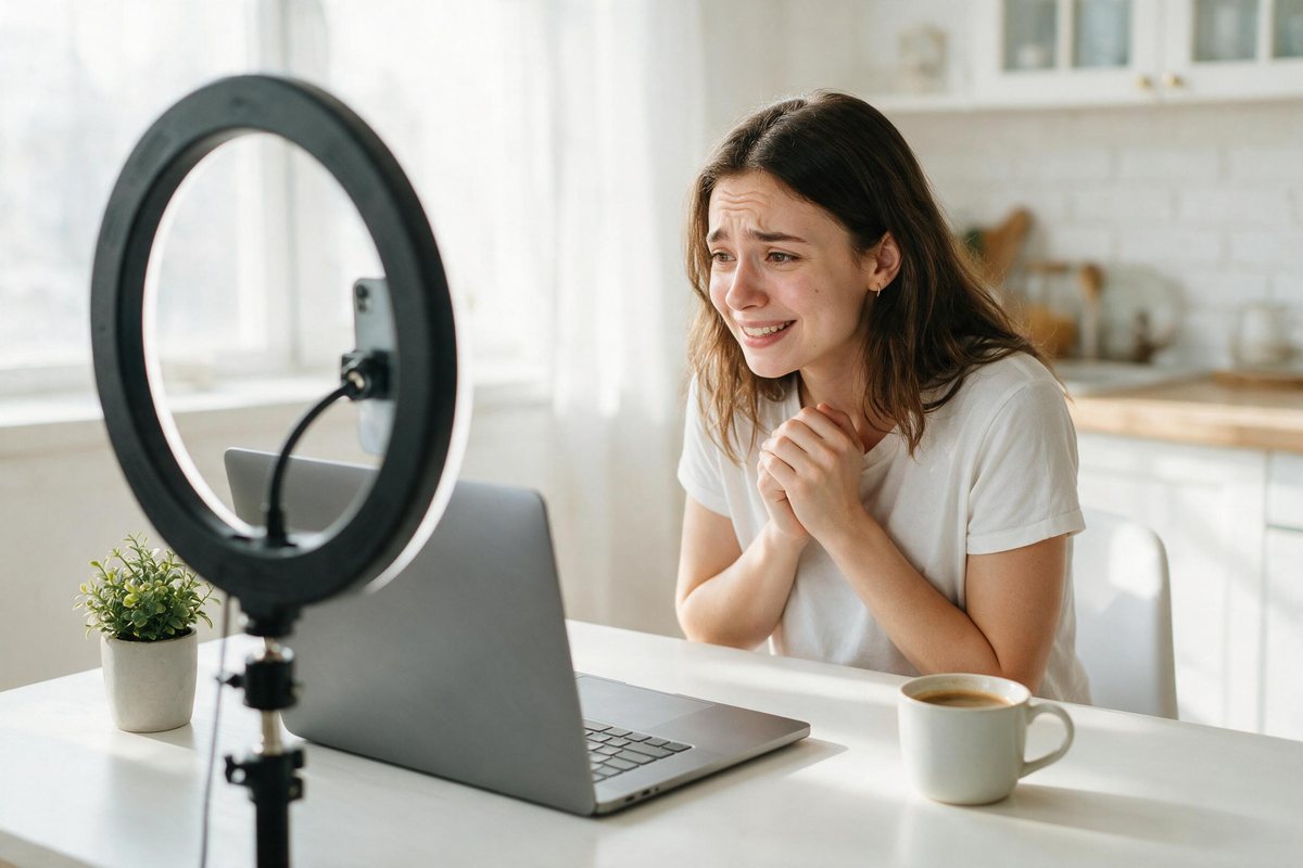 Nervous candidate recording herself on a laptop at a bright kitchen table