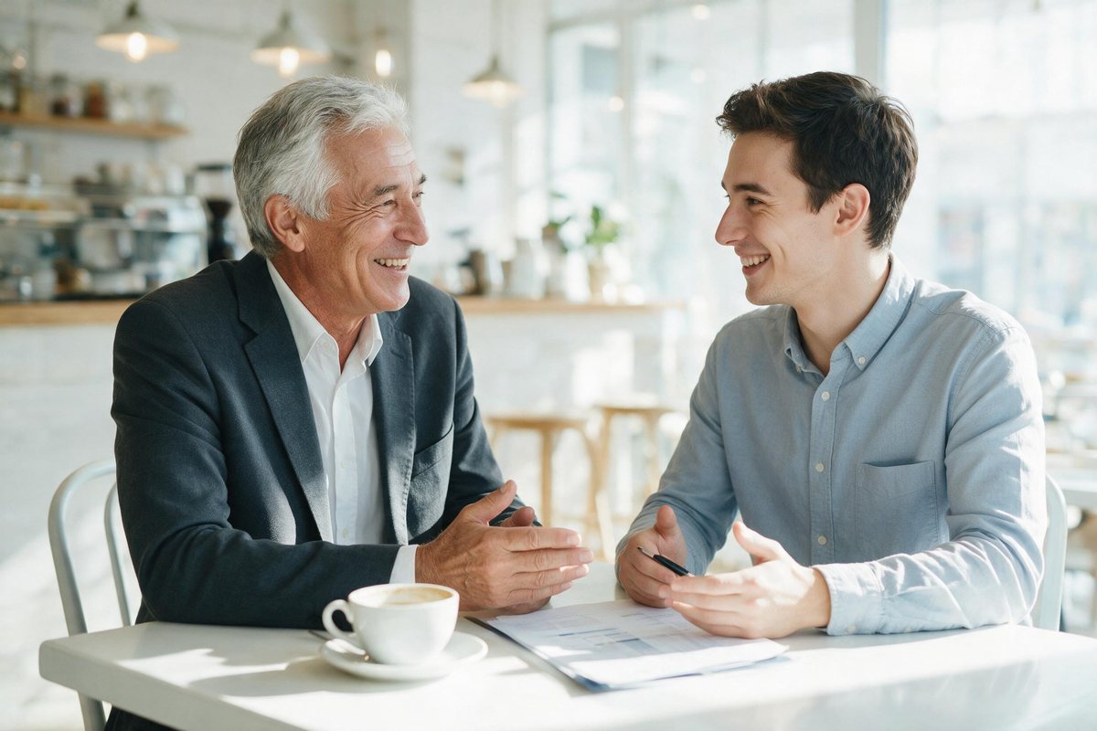 Experienced candidate chatting warmly with a young manager at a bright cafe table