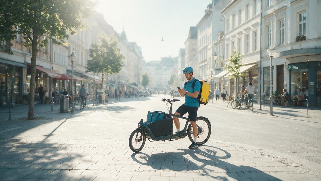 Courier checking a phone beside a cargo bike on a bright street