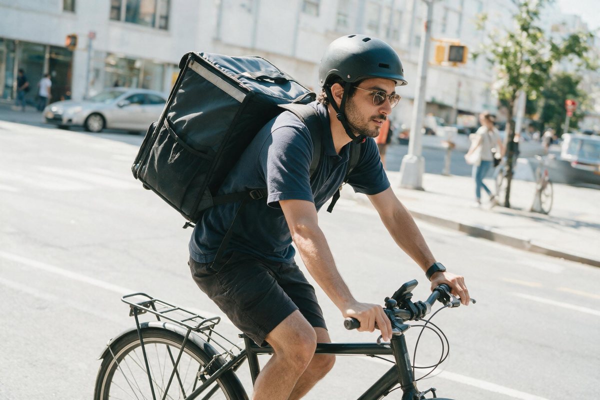 Delivery rider with an insulated backpack cycling along a bright city street