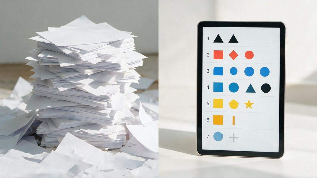 Split scene of a cluttered paper pile versus a clean ranked list on a bright tablet