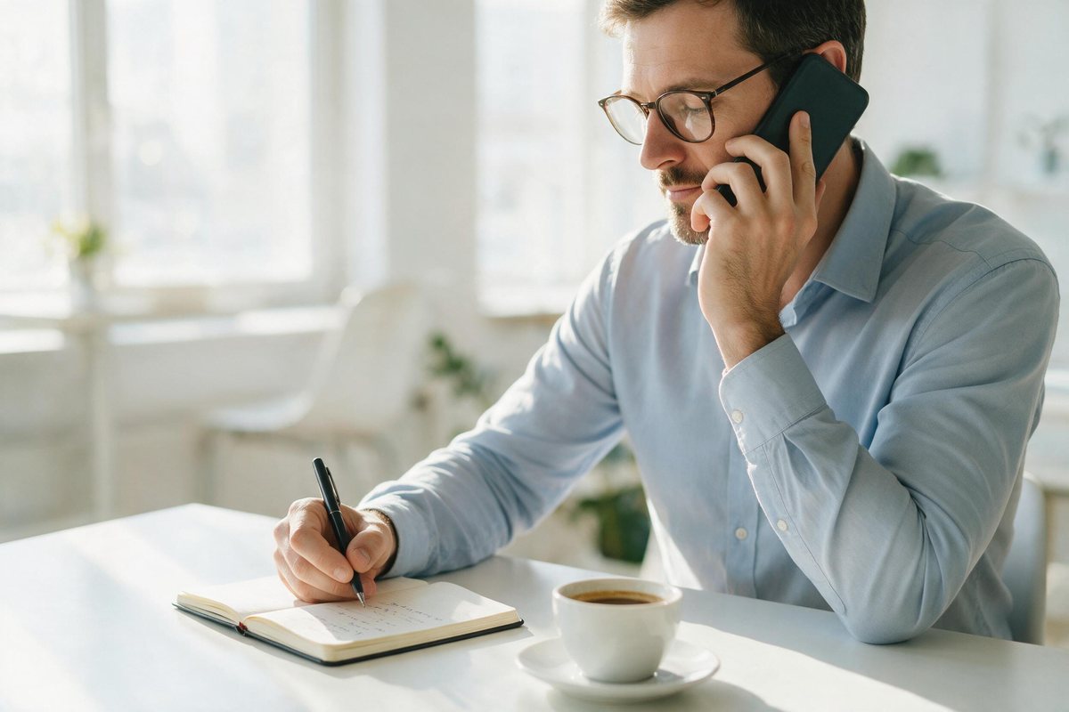 Manager on a phone call taking notes at a bright desk with a notepad