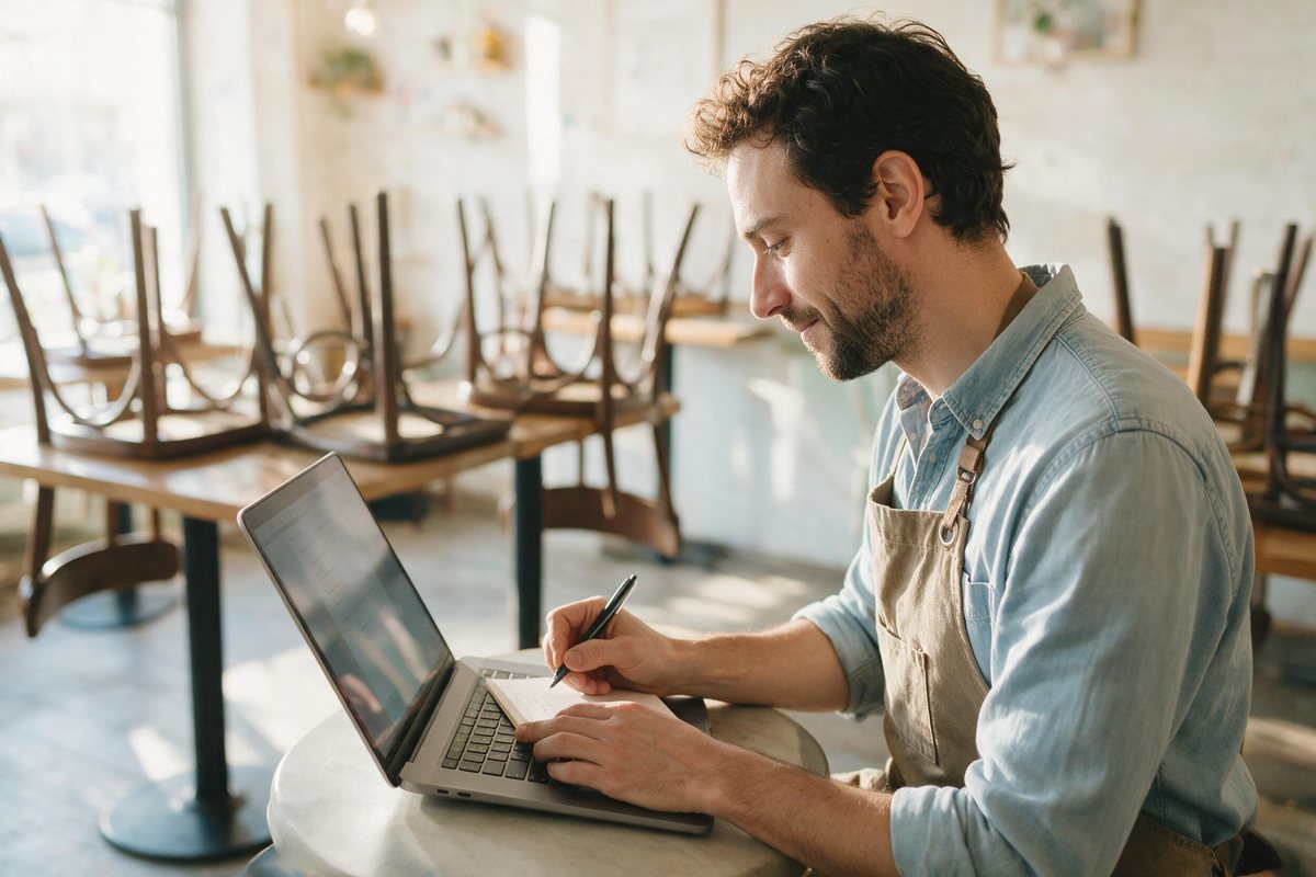 Cafe owner writing a short kind message on a laptop in warm morning light