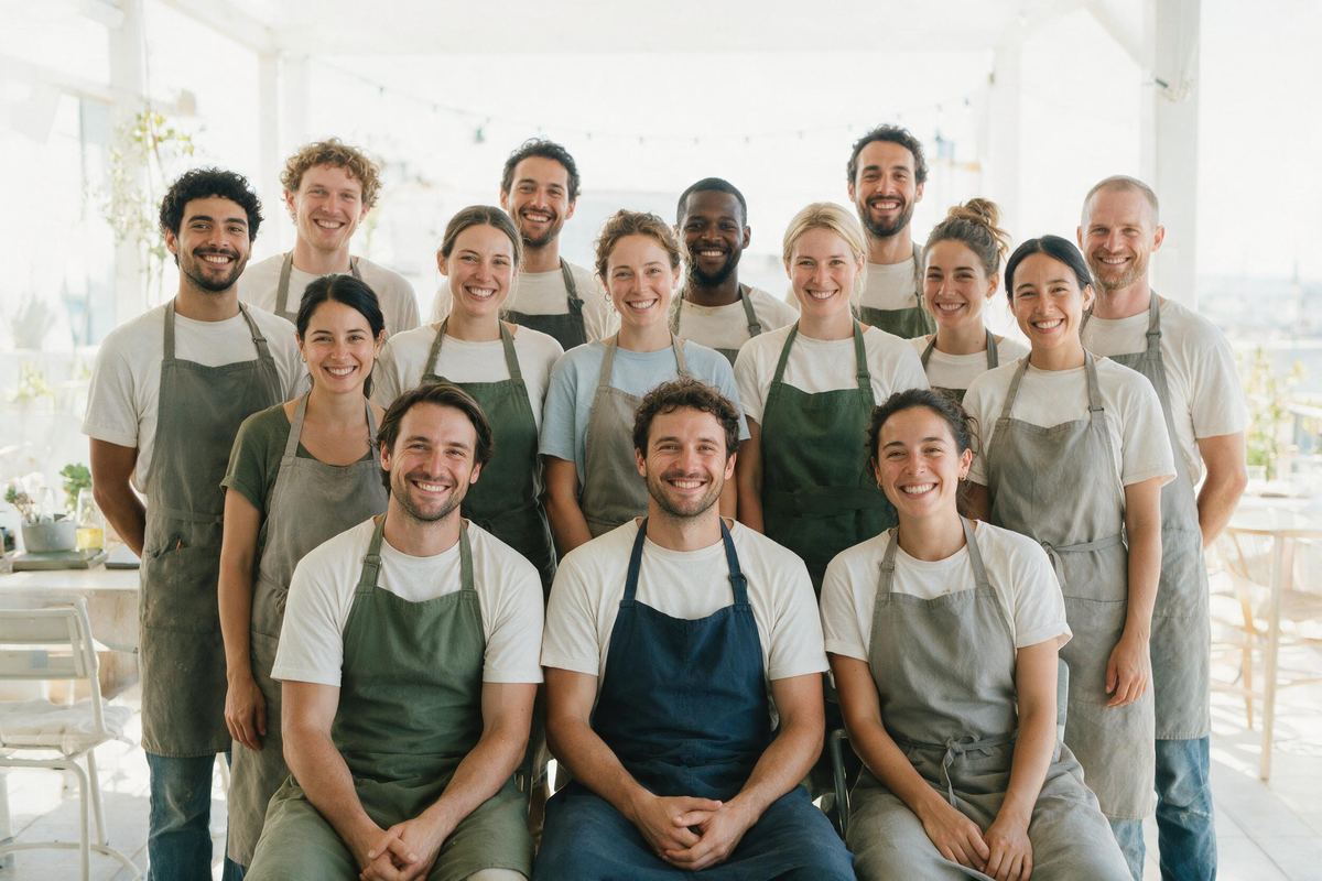 Smiling seasonal team taking a group photo on a bright terrace at season end