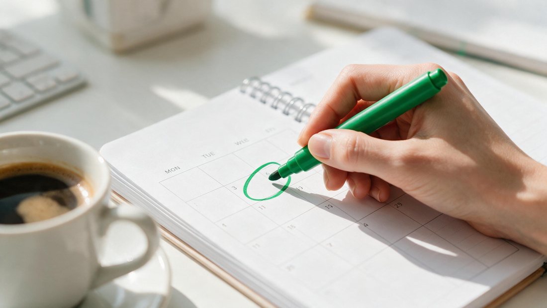 Hand circling Friday on a bright weekly planner with a green marker