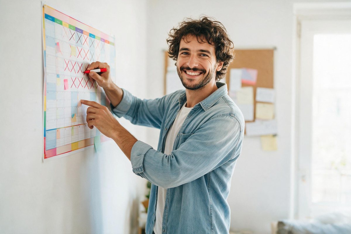 Owner crossing days off a bright wall planner with a confident smile
