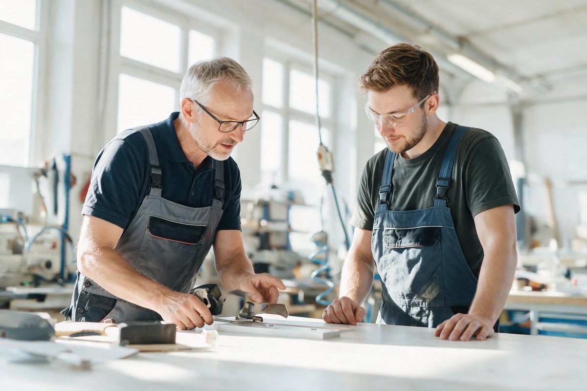 Workshop supervisor showing a new colleague a task at a bright workbench