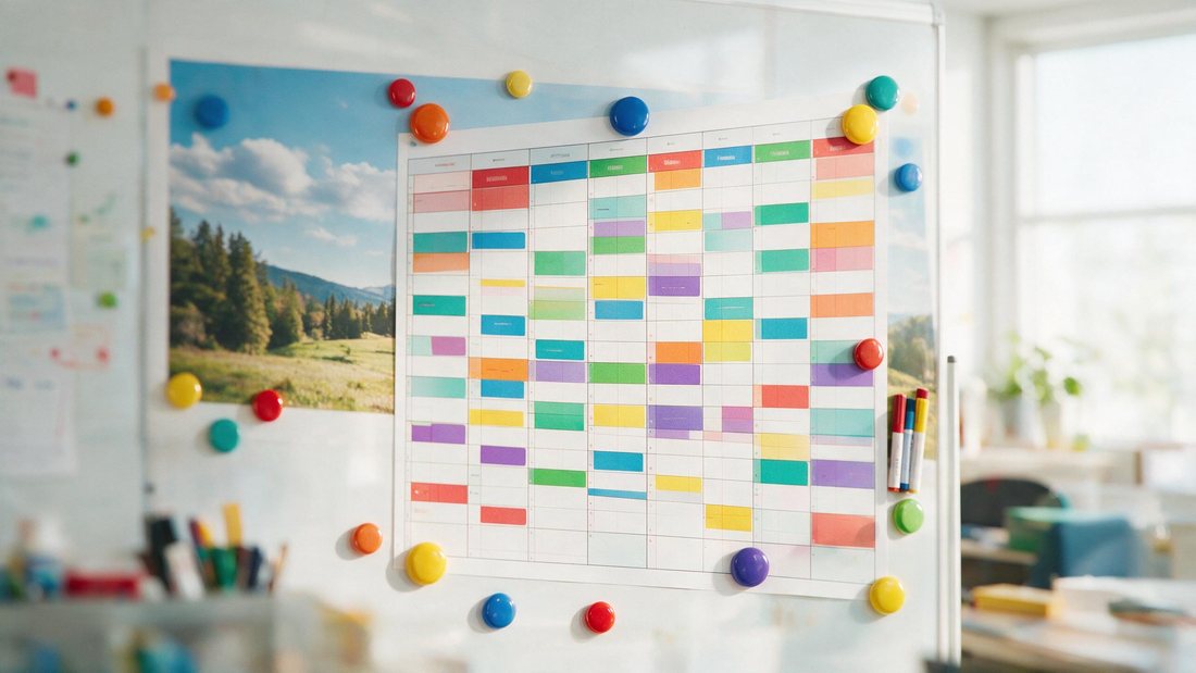 Colour-coded weekly rota grid pinned on a bright staff room wall