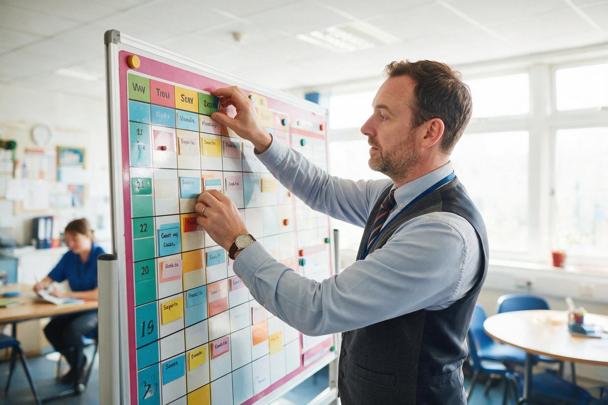 Manager arranging a colourful weekly rota board in a bright staff room