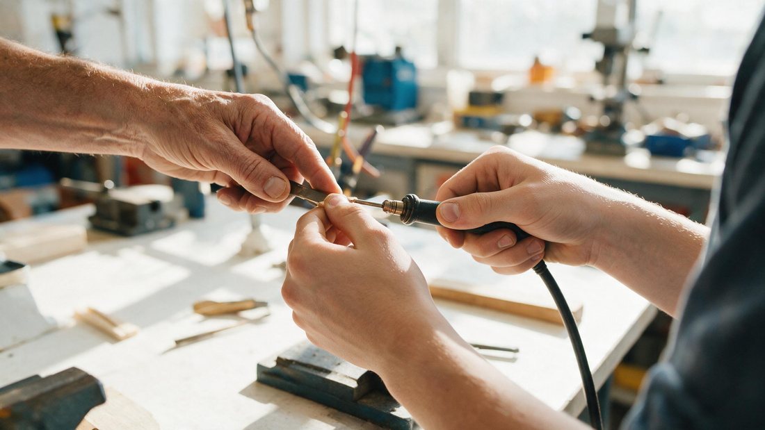 Hands of a young worker learning a practical skill at a bright workshop bench