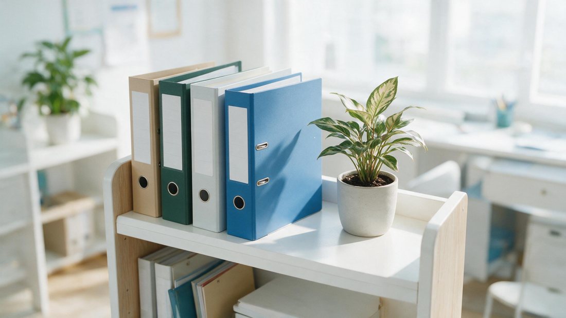 One tidy shelf with a few labelled folders in a bright back office