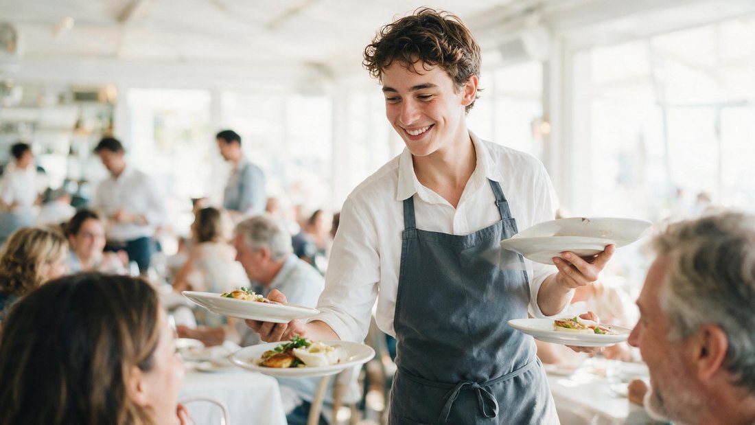 Server balancing plates while warmly chatting with guests on a bright floor