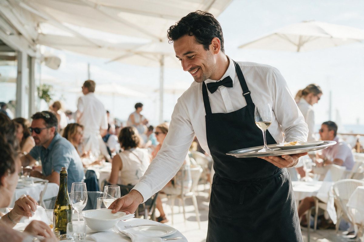 Waiter calmly handling a busy bright terrace with a warm expression