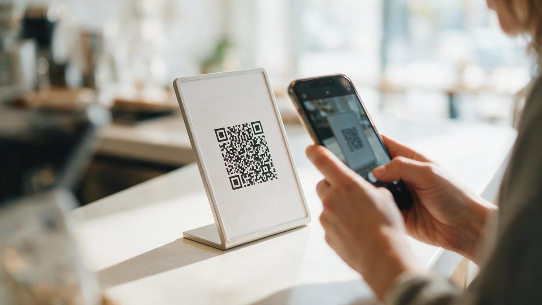 Customer scanning a small QR code sign at a bright cafe counter