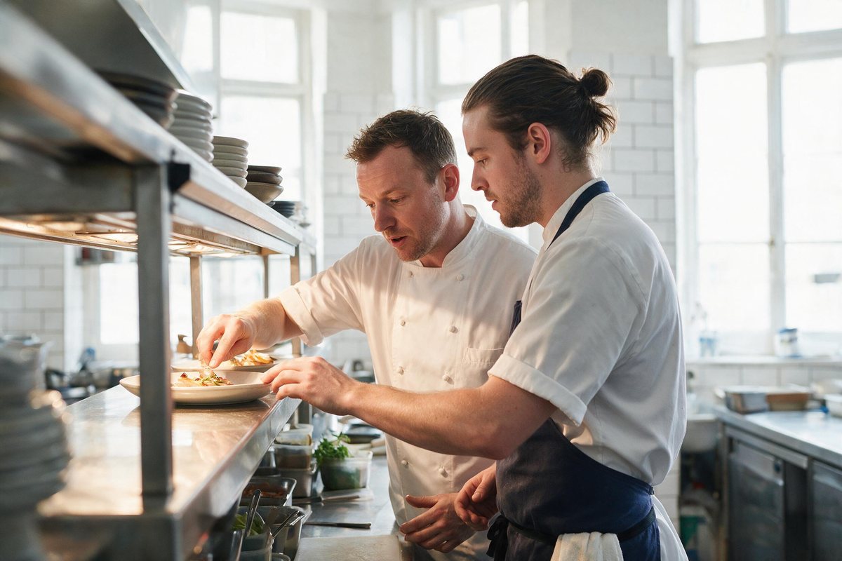 Chef showing a trial candidate the pass in a bright open restaurant kitchen