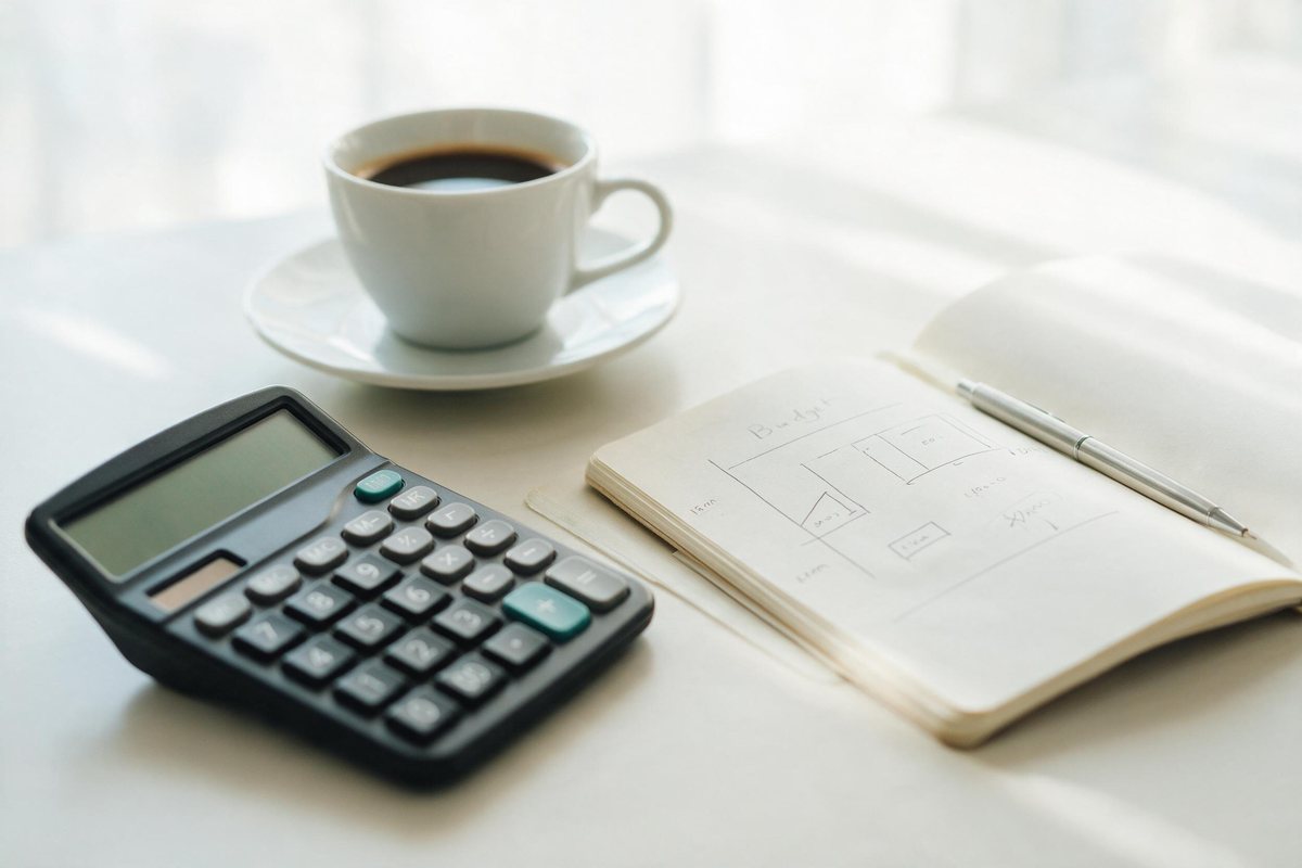 Calculator, coffee and a notepad with a simple budget on a bright tidy desk