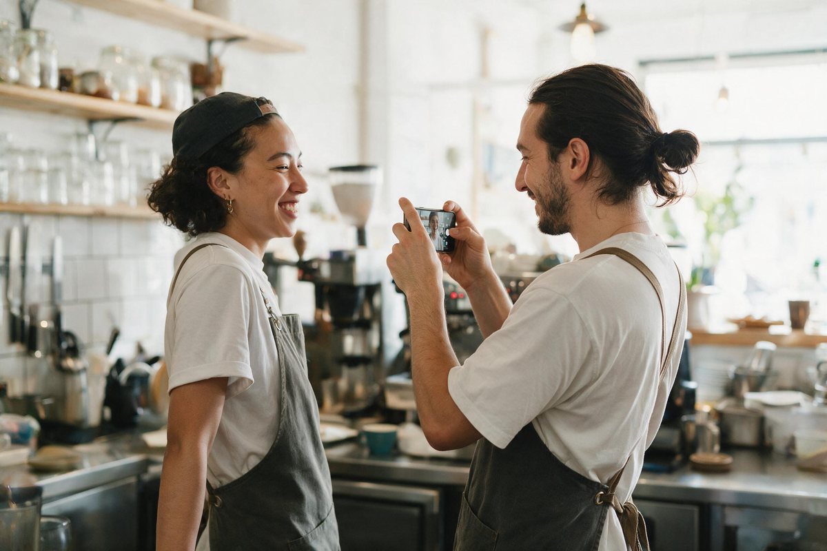 Cafe worker filming a colleague with a phone in a bright cheerful kitchen