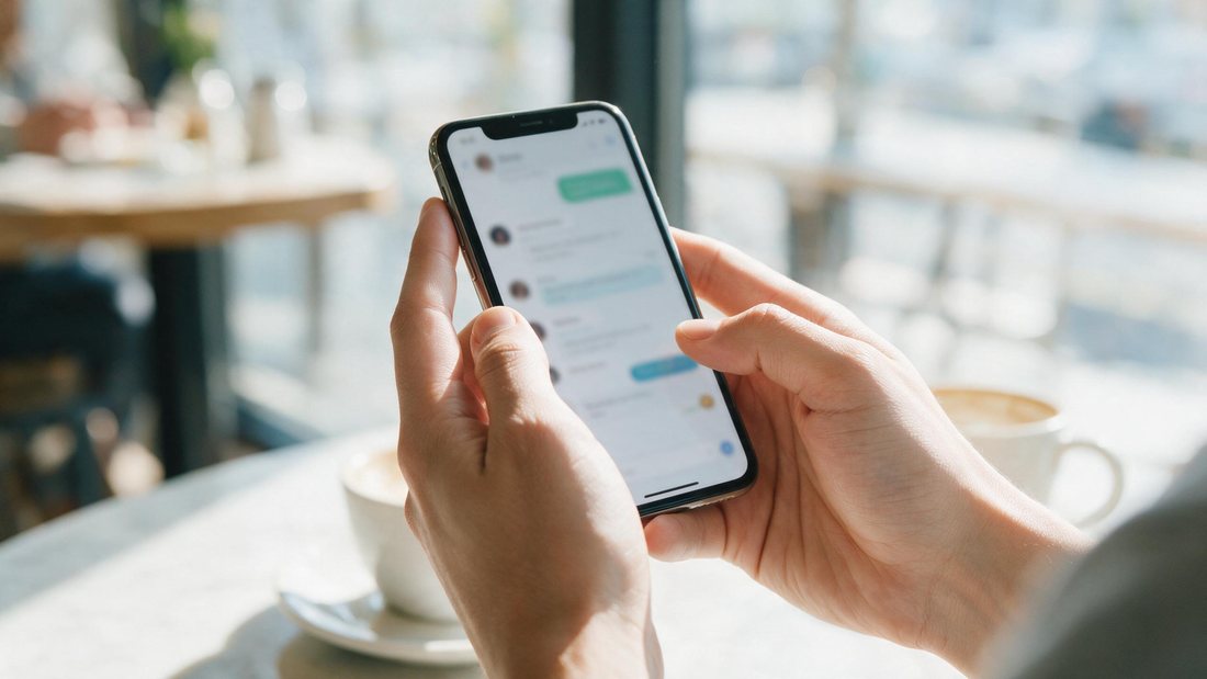 Close-up of hands holding a phone with a soft blurred chat thread over a bright cafe background