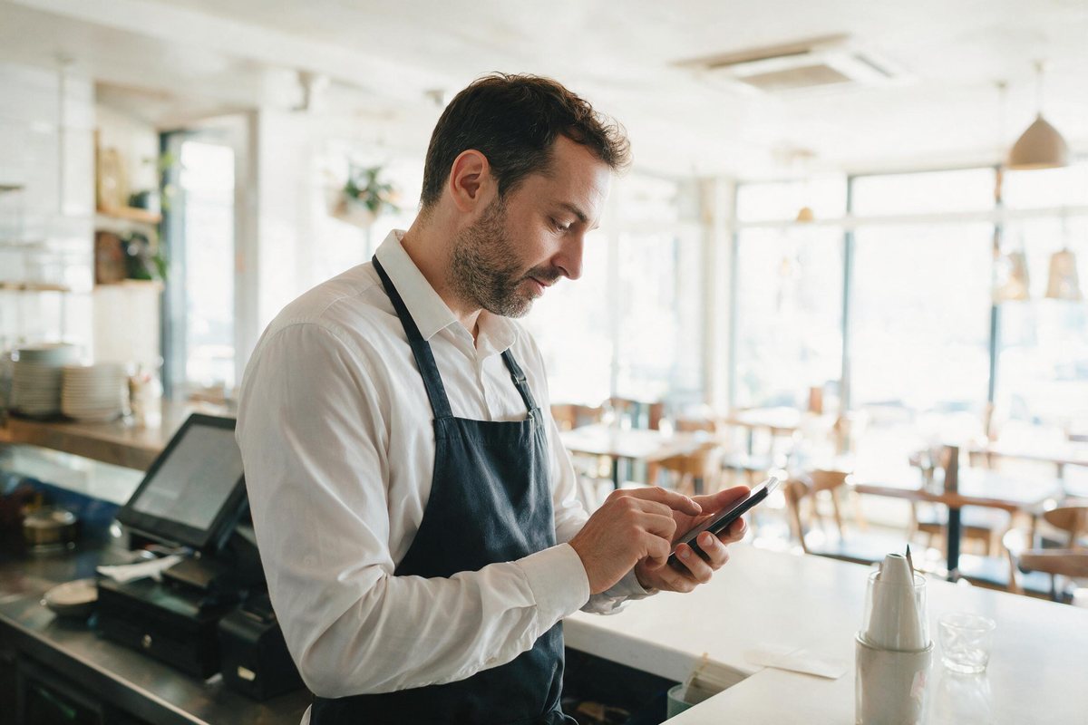 Restaurant manager typing a message on a phone at a bright counter between shifts