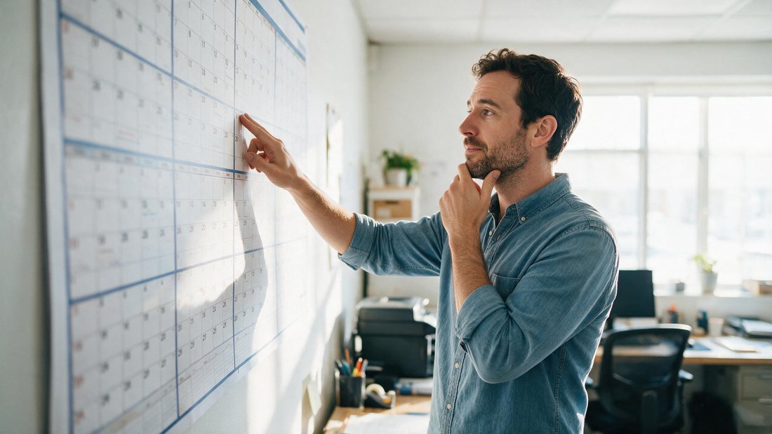Owner studying a wall calendar full of bookings in a bright back office