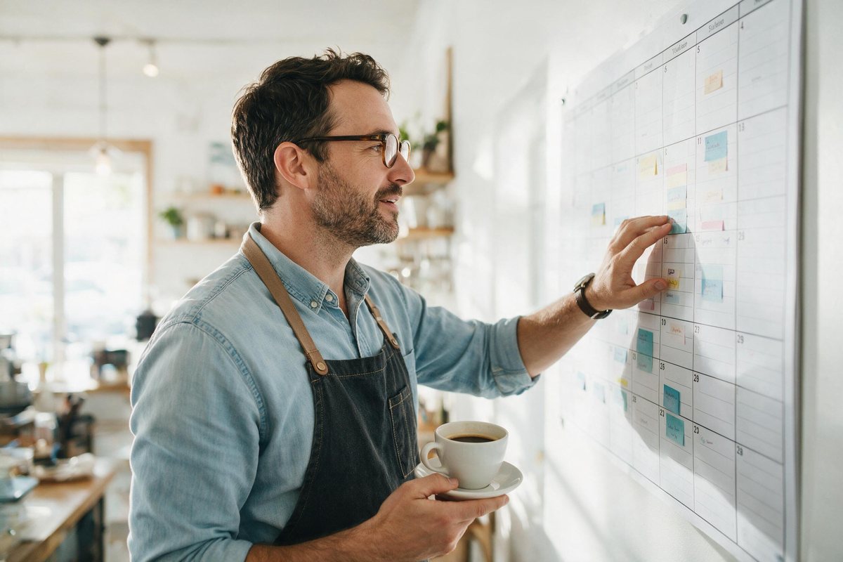 Owner looking at a full booking calendar on a bright wall while holding coffee