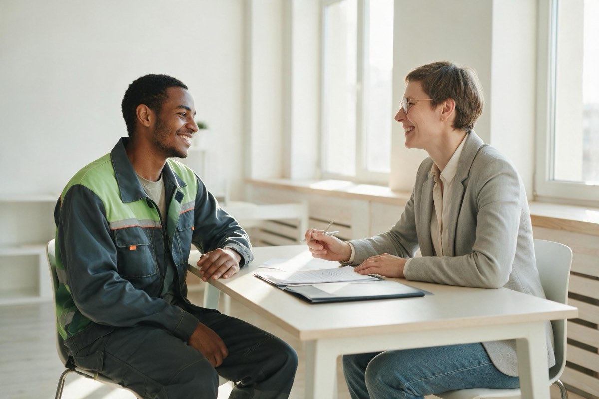 Worker from abroad and an HR adviser going through paperwork in a bright office