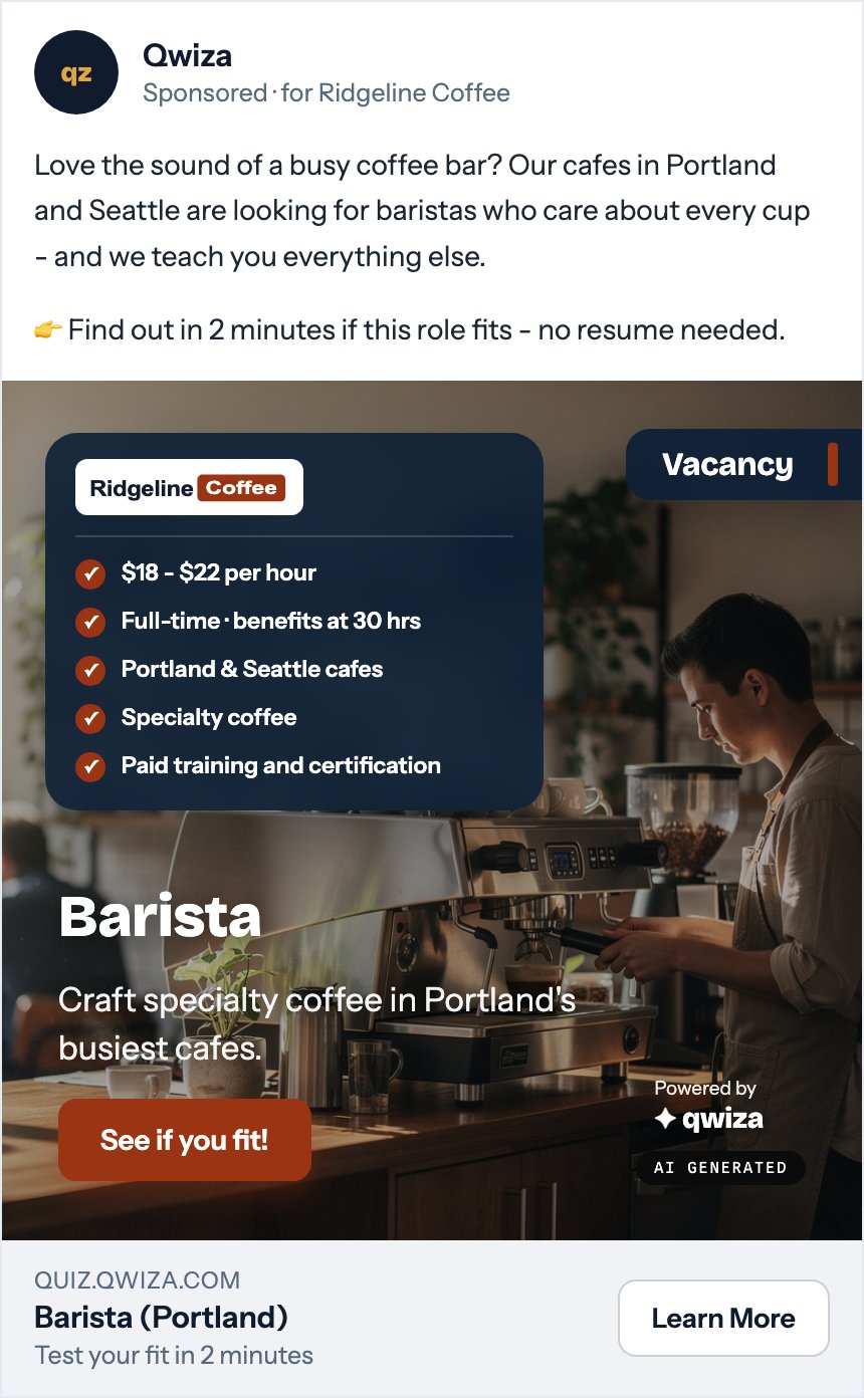 A real Qwiza feed ad for a barista role - AI-generated visuals, facts panel and quiz call to action