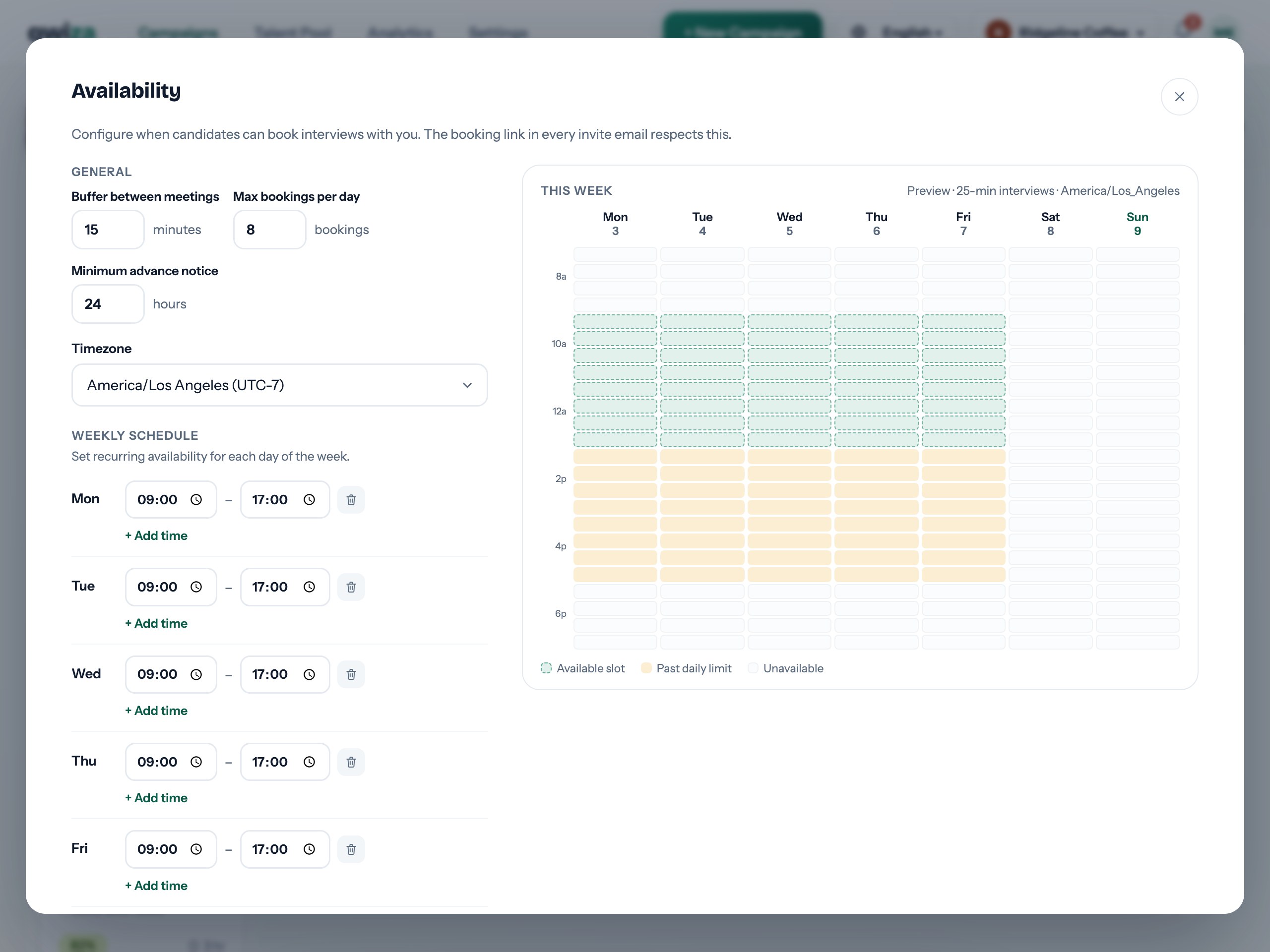 Availability editor with weekly schedule and calendar preview