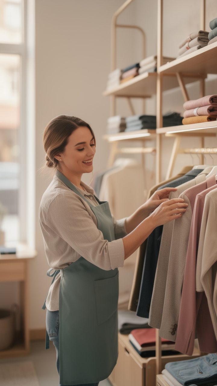 Retail sales associate arranging clothes on the shop floor