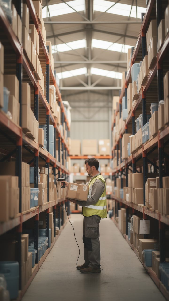 Warehouse associate scanning inventory in a distribution centre